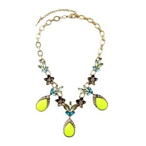 Floral Teardrop Statement Necklace – Yellow Acrylic & Glass Stones on Gold-Tone